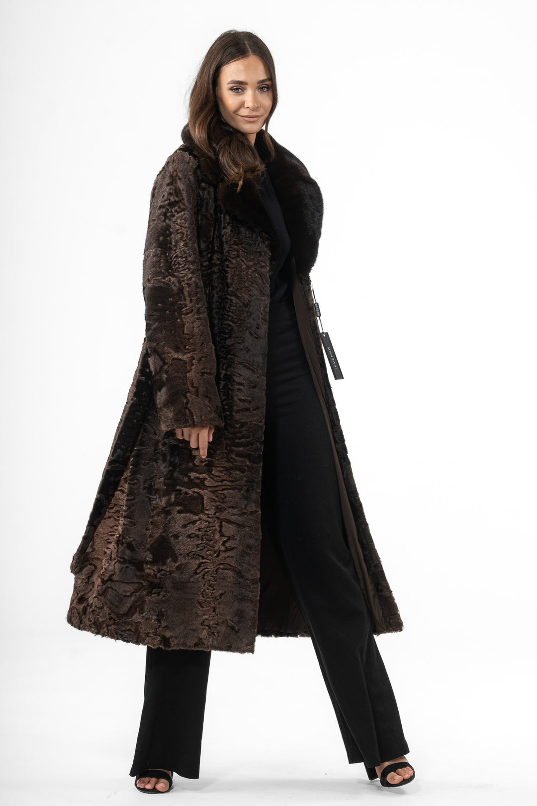 Elegant Chokolat Swakara fur coat for modern fashion