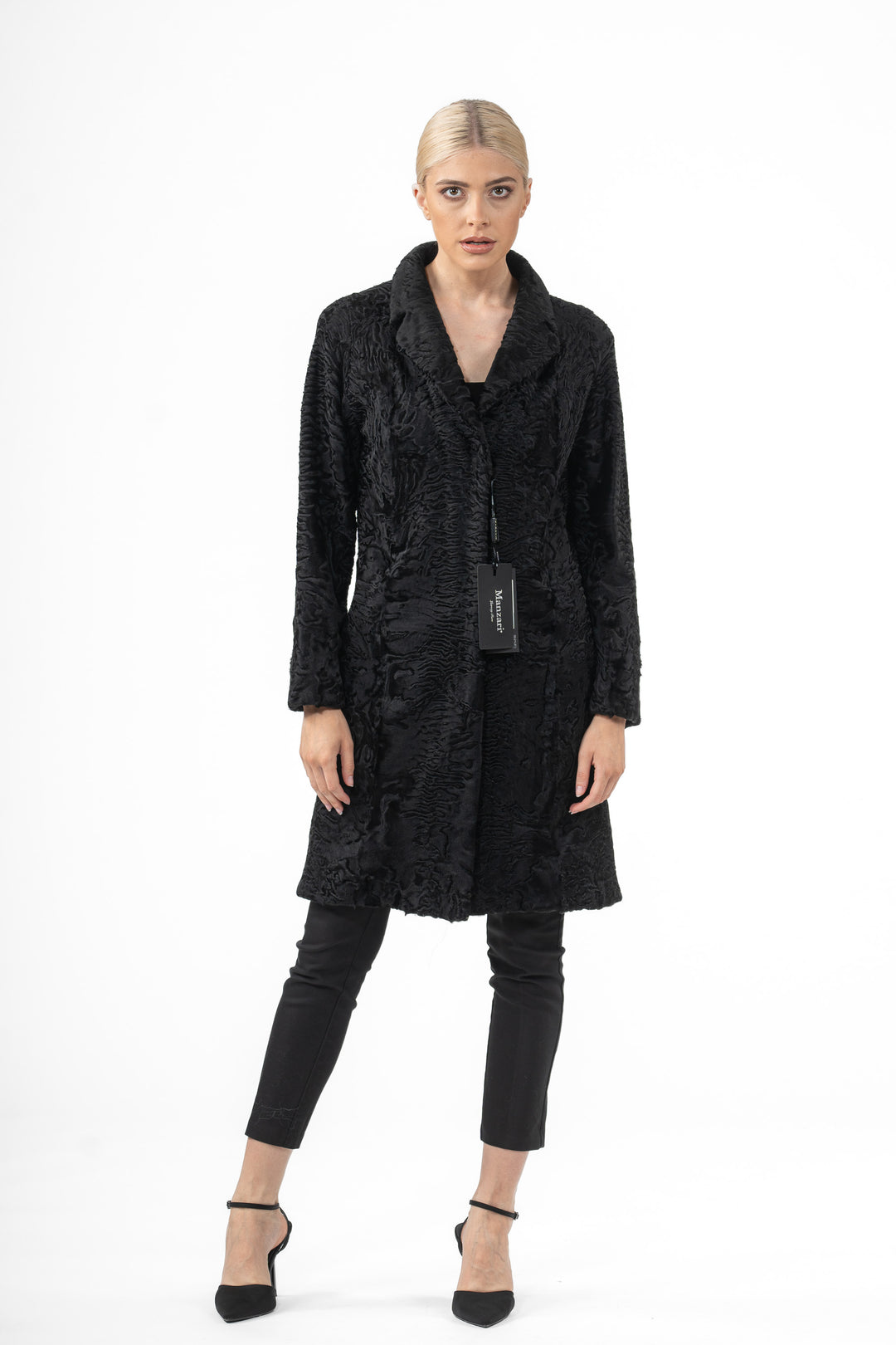 Manzari Black Swakara fur coat for a bold look