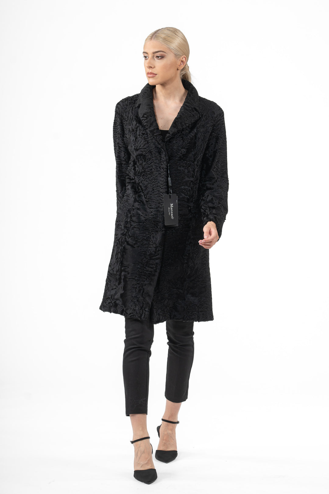 Manzari Black Swakara fur coat for a luxurious feel