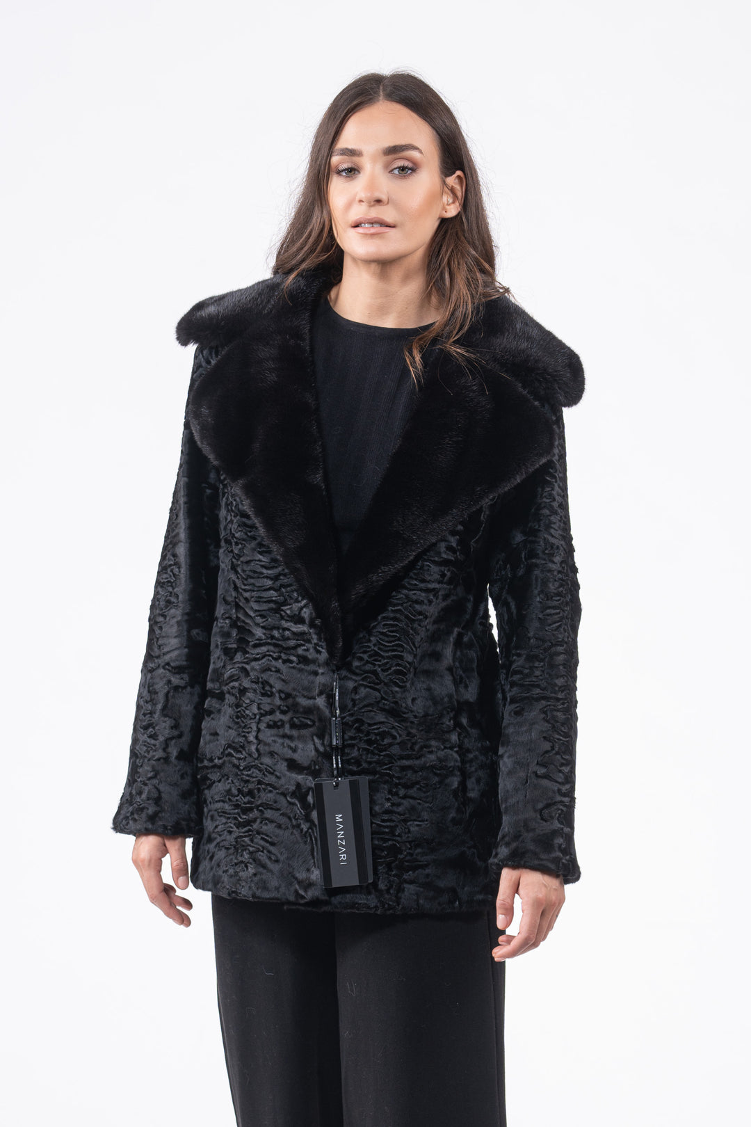 High-quality Black Swakara fur coat for fashion enthusiasts