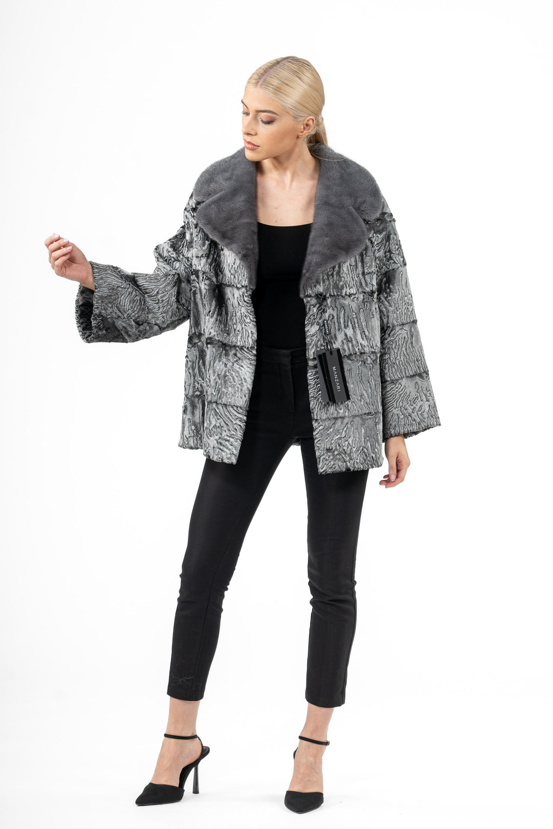 High-quality Black Swakara fur coat for fashion enthusiasts