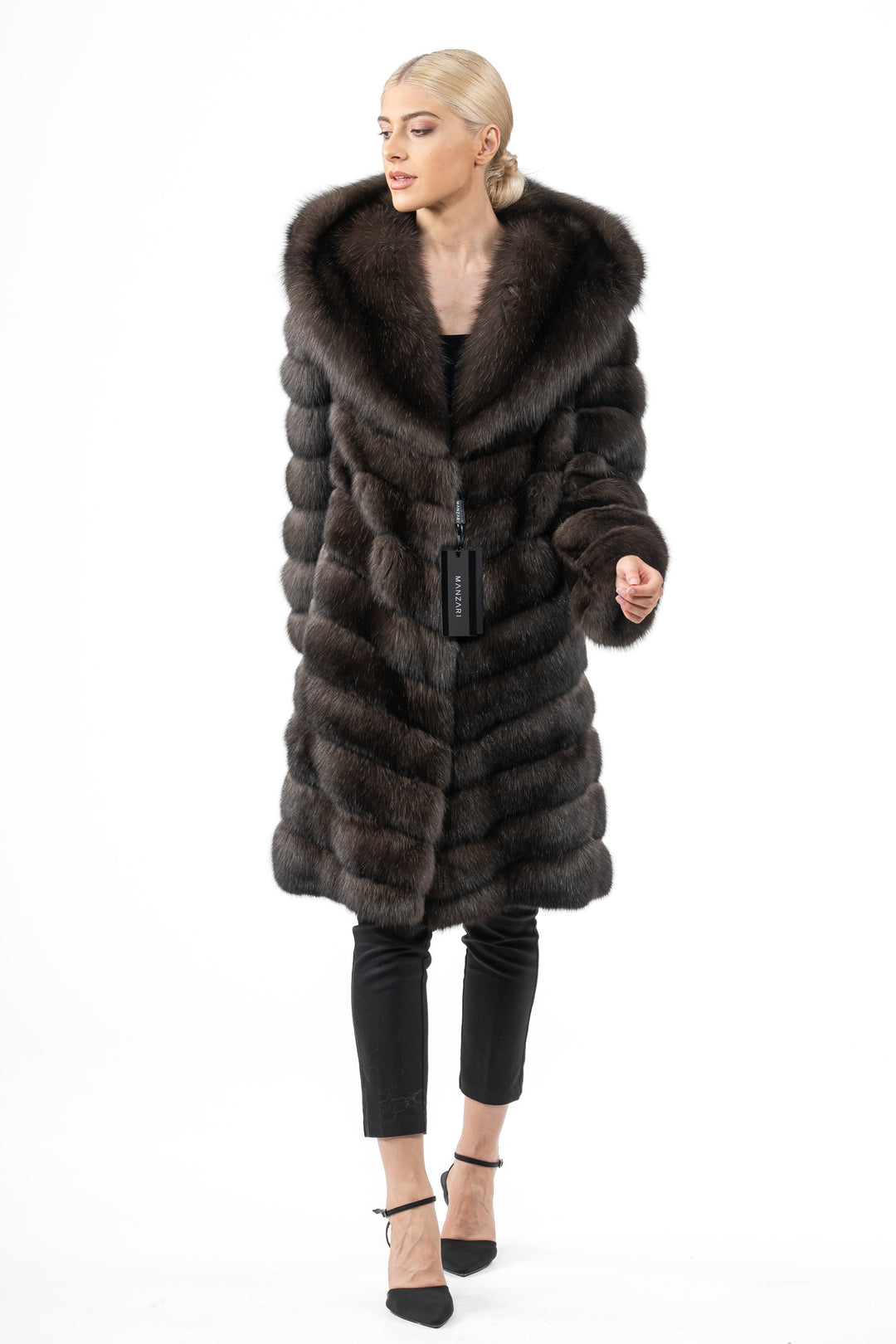 Luxurious Carbonio Russian sable fur coat on display