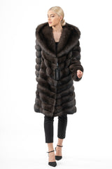 Front view of a dark silvery Russian sable jacket with a hood, featuring a V-chevron fur pattern throughout the body and long sleeves.