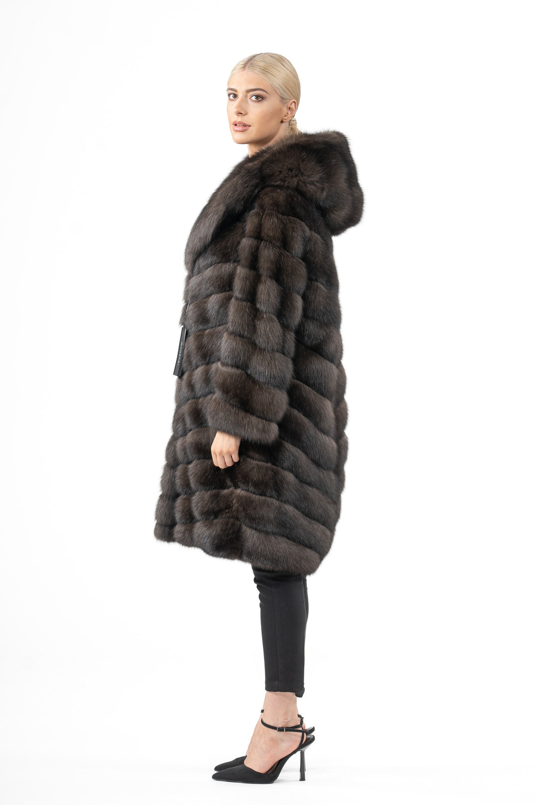 Model wearing a Carbonio Russian sable fur coat by manzari
