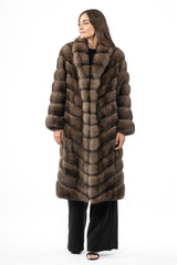 Russian sable jacket featuring a V-chevron pattern, a high fold-over collar, and long sleeves in a brown gradient.