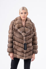 Russian sable short jacket featuring a V-chevron pattern on the body, horizontal fur panels on the sleeves, and a plush oversized collar.