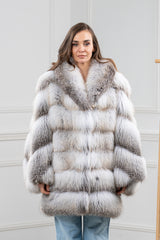 Fox fur short jacket with horizontal panels, a wide shawl collar, and a mix of cream, grey, and dark brown tipped fur.