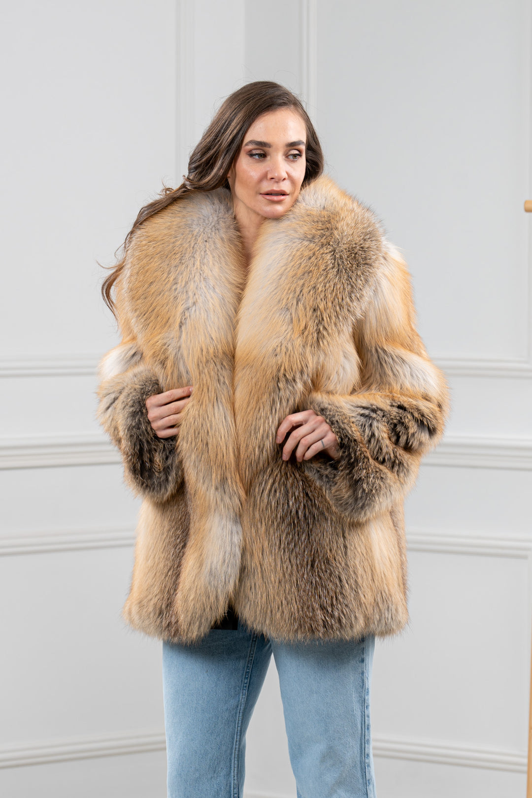 Golden Island Fox Fur Short Jacket With Hood - Women&