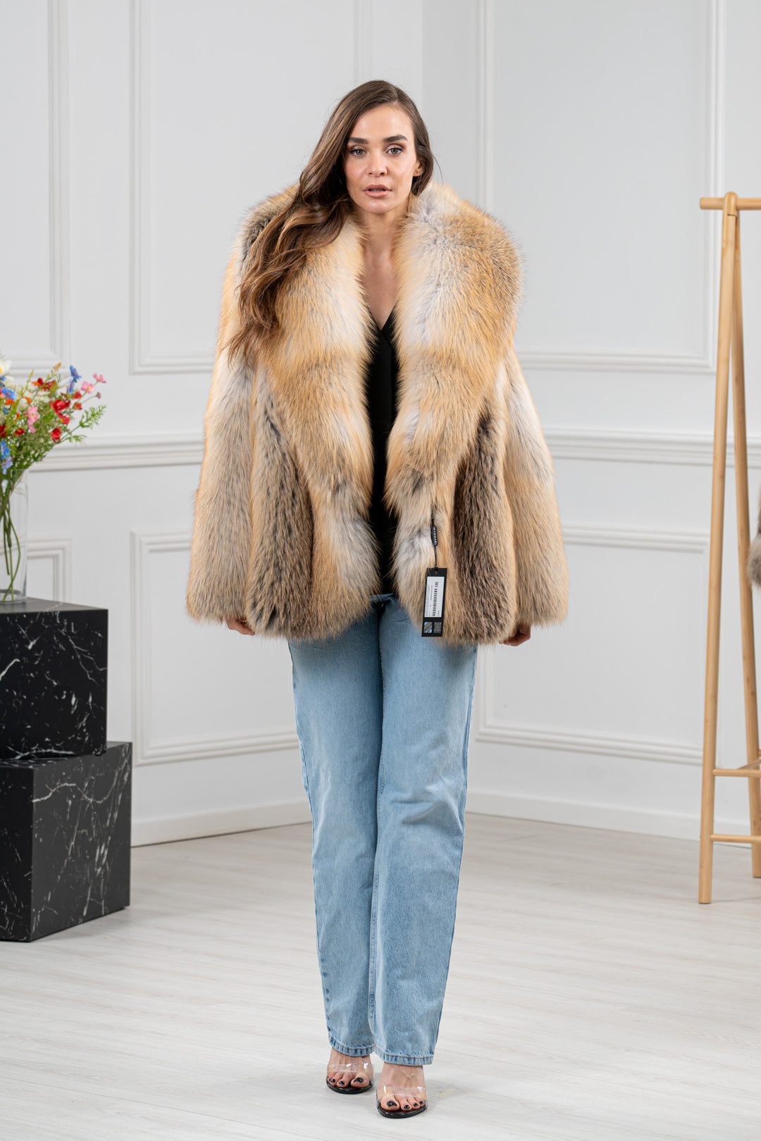 Golden Island Fox Fur Short Jacket With Hood - Women&