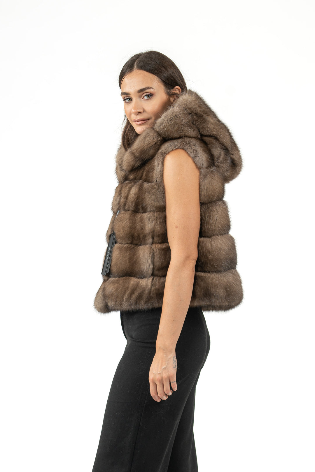 Model wearing a Lavander Russian sable fur coat by manzari