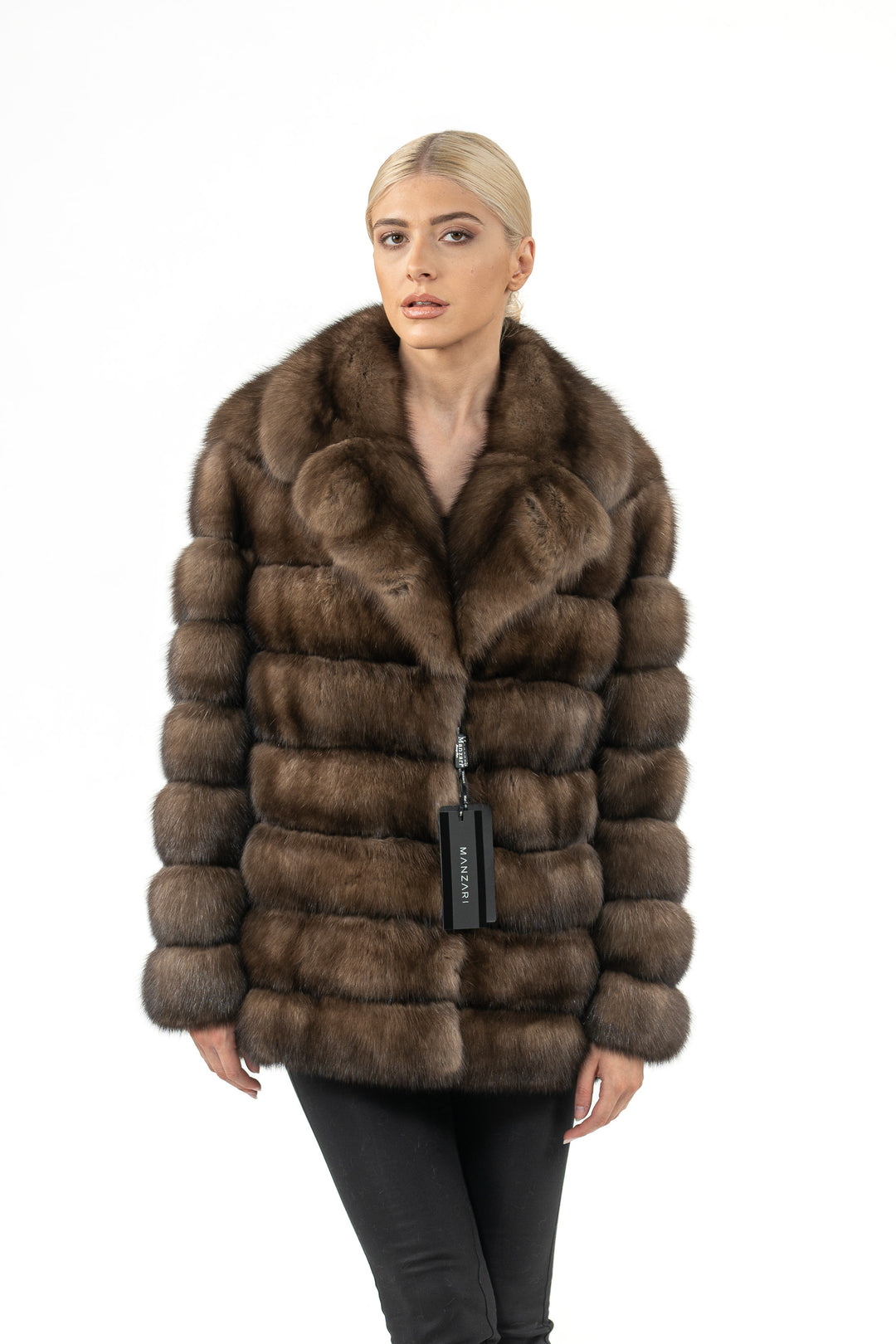 Luxurious Gun Metal Russian sable fur coat on display