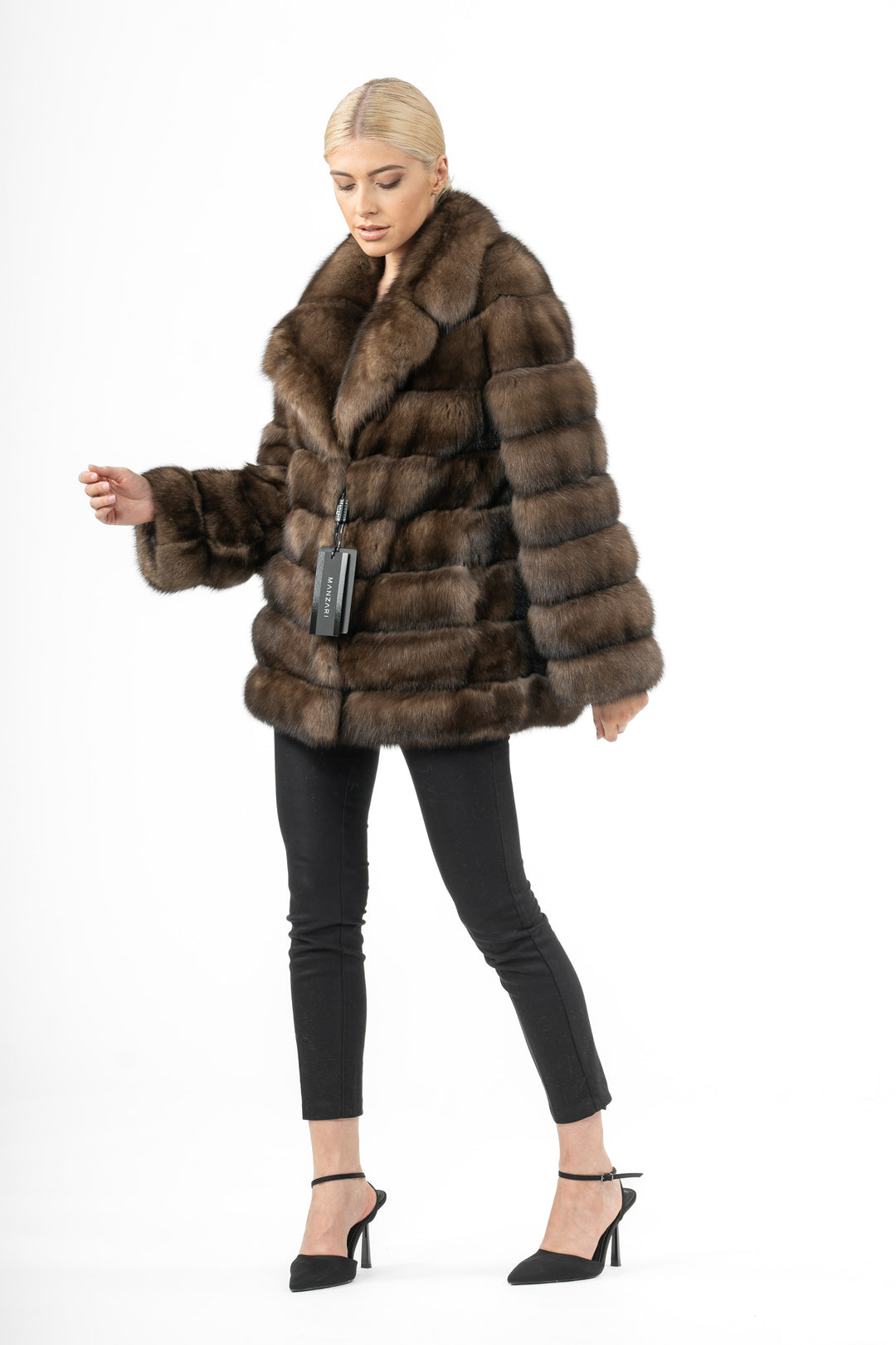 Luxurious Gun Metal Russian sable fur coat on display