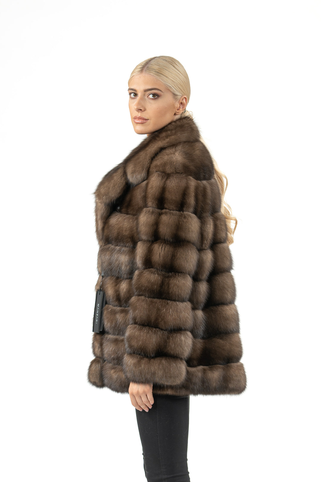 Model wearing a Gun Metal Russian sable fur coat by manzari