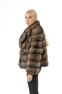 Model wearing a Platinum Russian sable fur coat by manzari