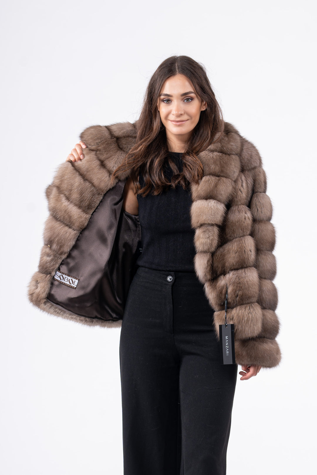 Luxurious Gun Metal Russian sable fur coat on display