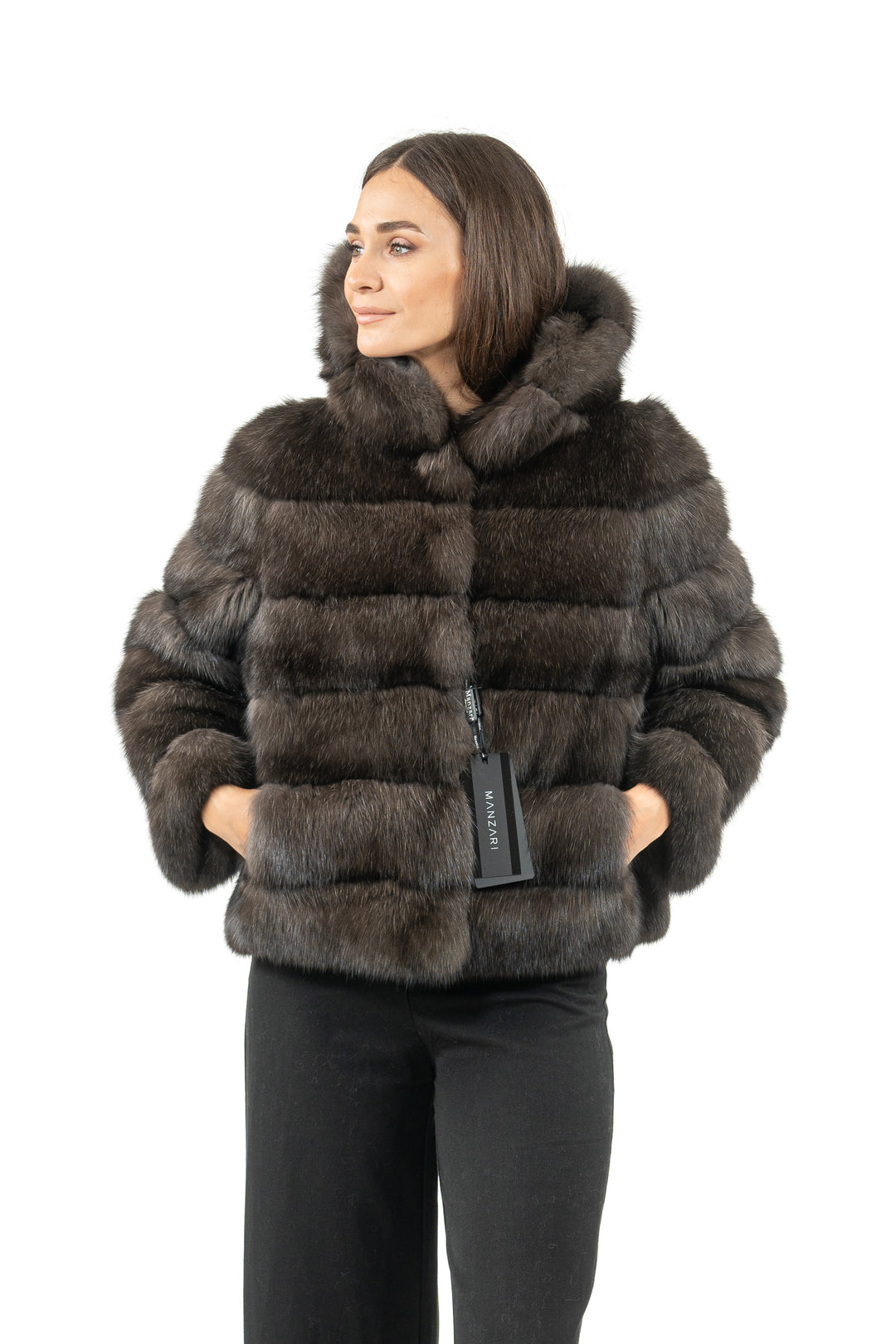Model wearing a Carbonio Russian sable fur coat by manzari