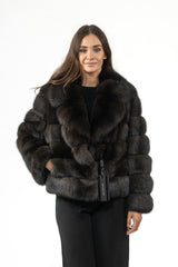 Dark brown Russian sable short jacket featuring horizontal fur panel construction, a wide collar, and full-length sleeves with a straight hem.