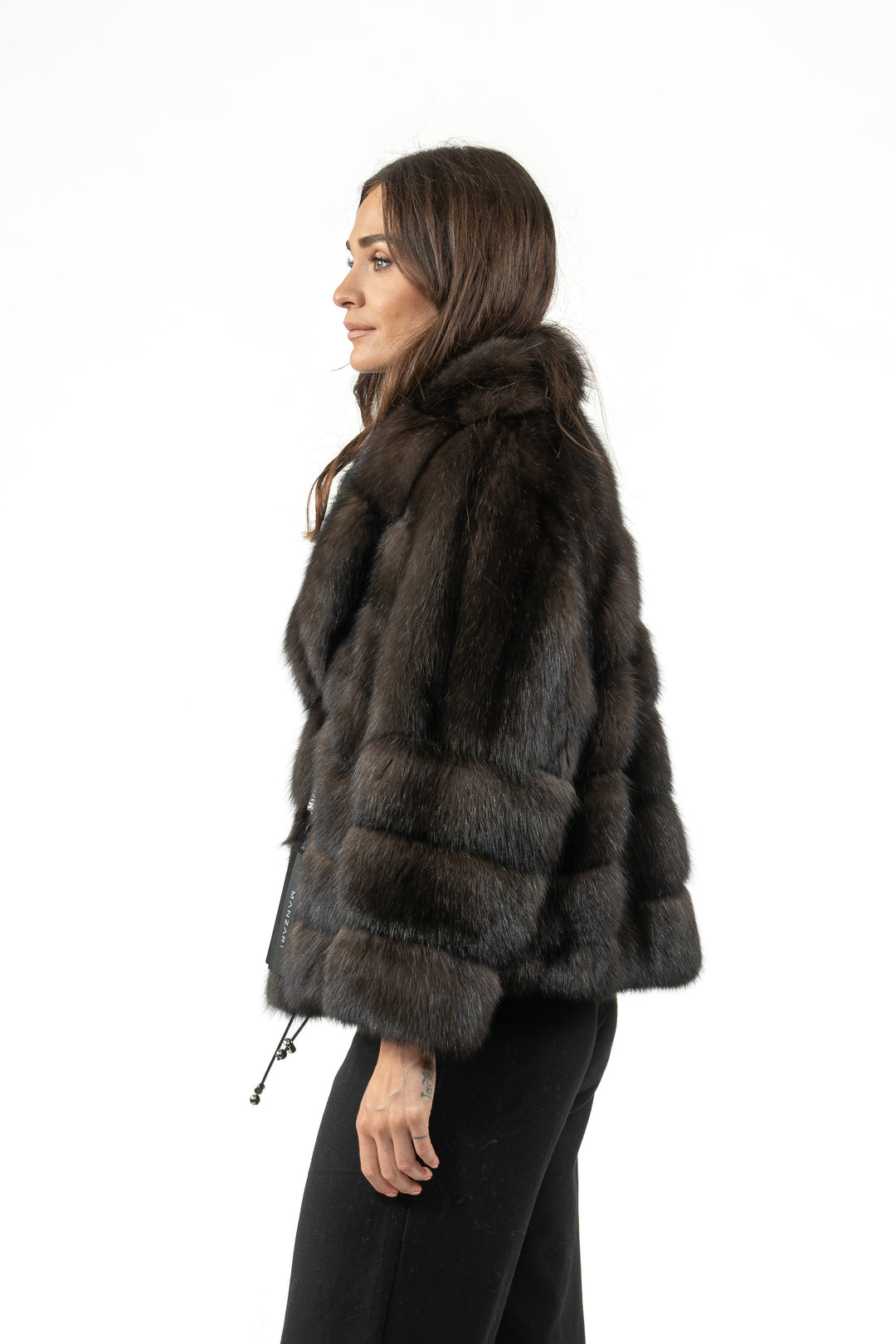 Model wearing a Silvery Russian sable fur coat by manzari