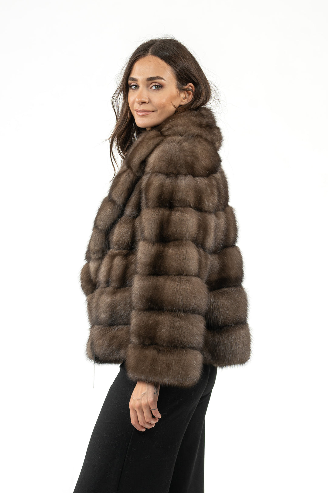 Model wearing a Platinum Russian sable fur coat by manzari