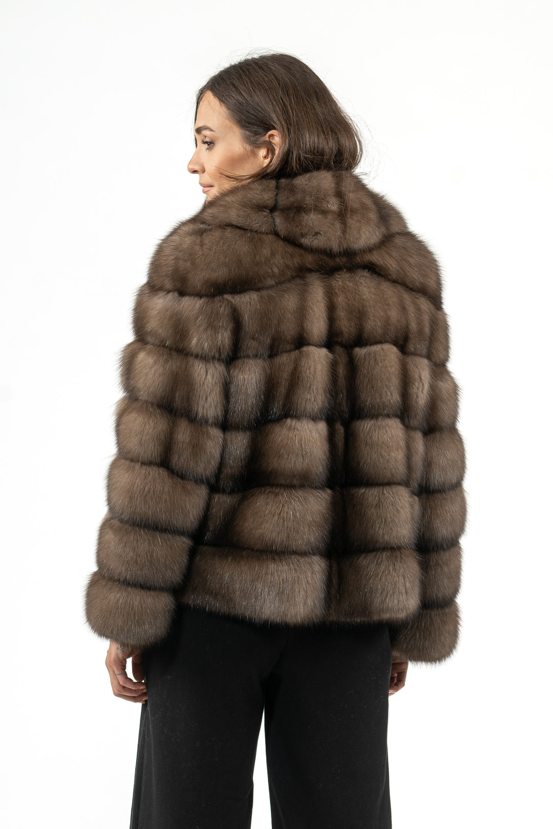 Model wearing a Platinum Russian sable fur coat by manzari