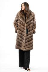 Russian sable jacket featuring a V-chevron pattern in brown, with a large collar, long sleeves, and a hip-length silhouette.