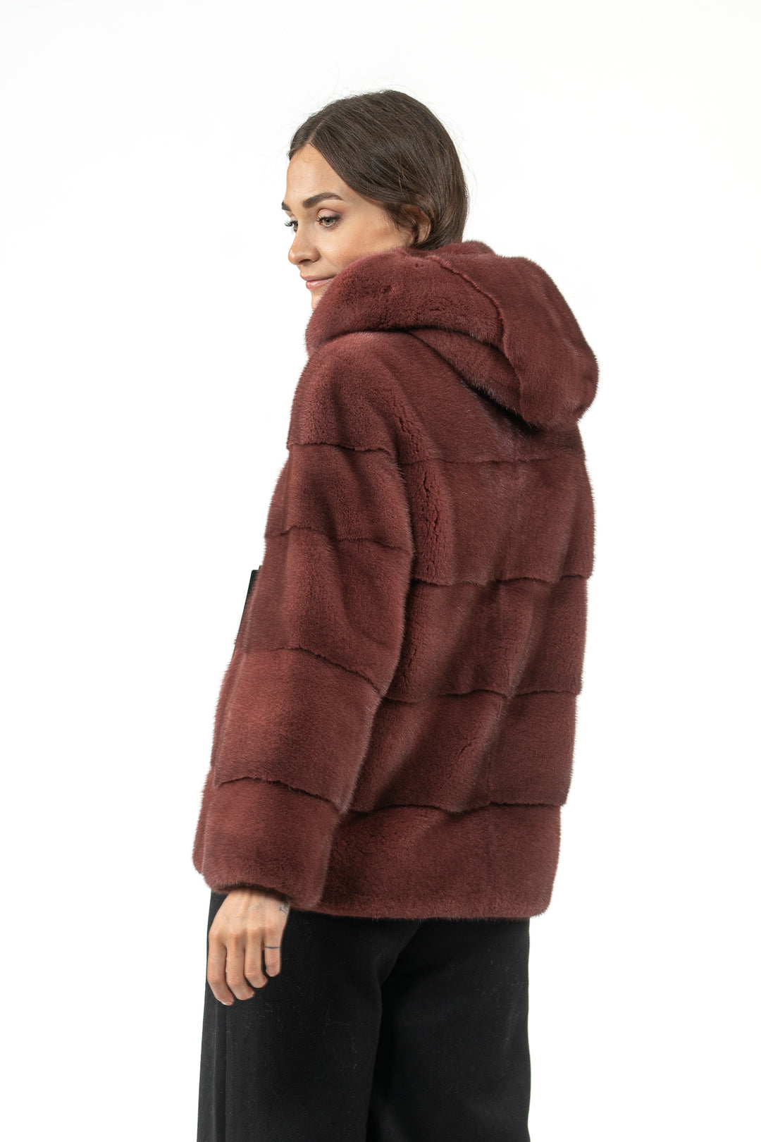 Model wearing a Aged Wine Mink fur coat