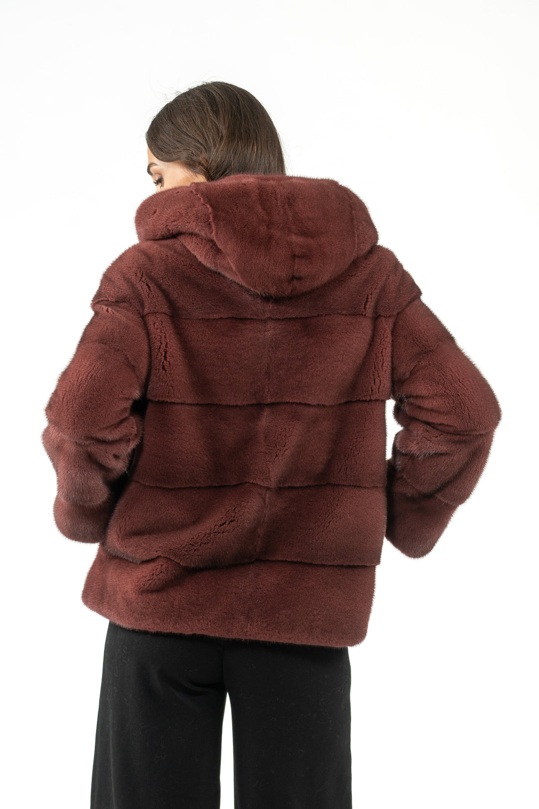 Model wearing a Aged Wine Mink fur coat