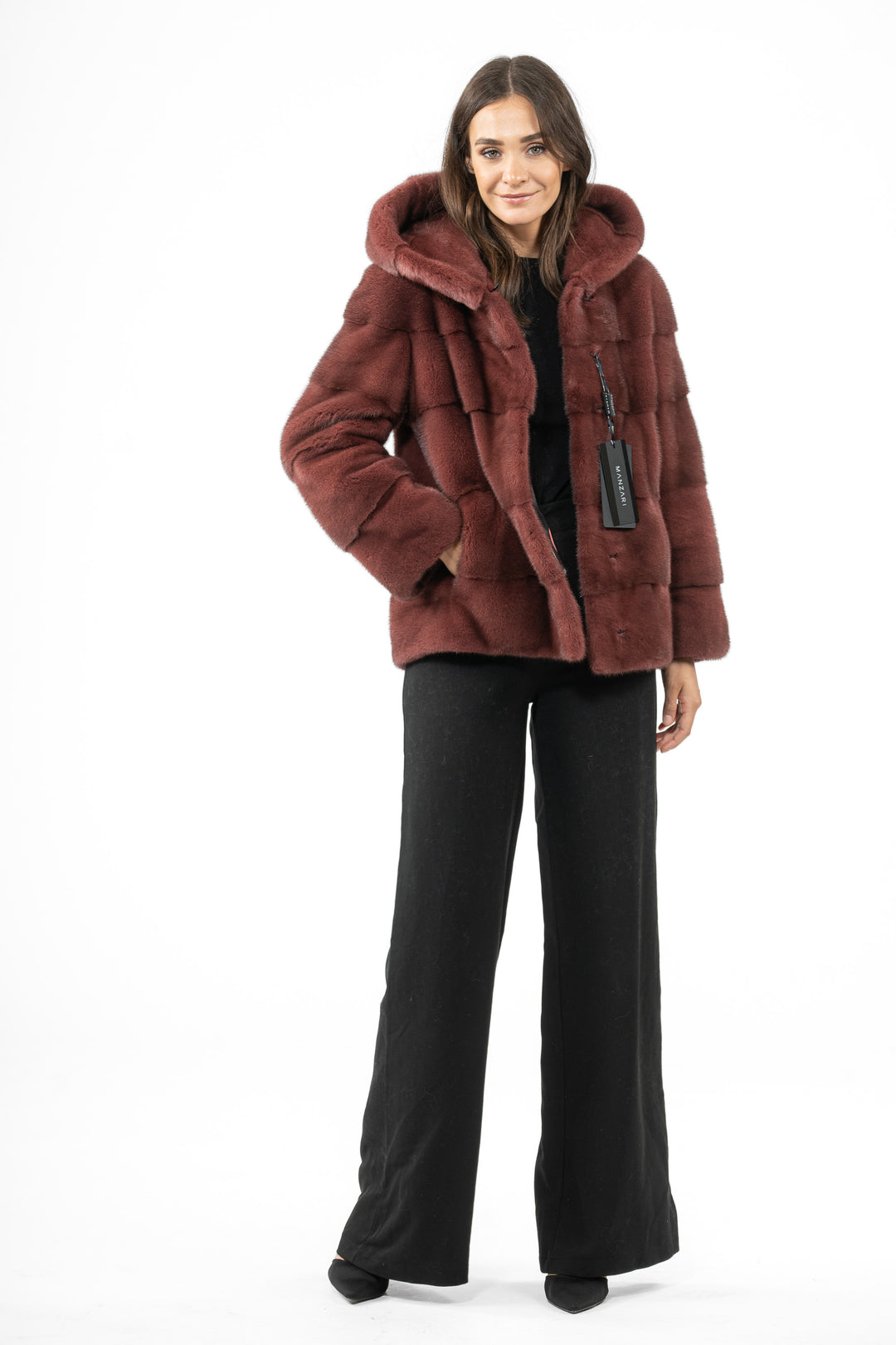 Model wearing a Aged Wine Mink fur coat