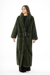A dark olive mink fur coat with a wide collar, visible horizontal panels, and a single black button closure.