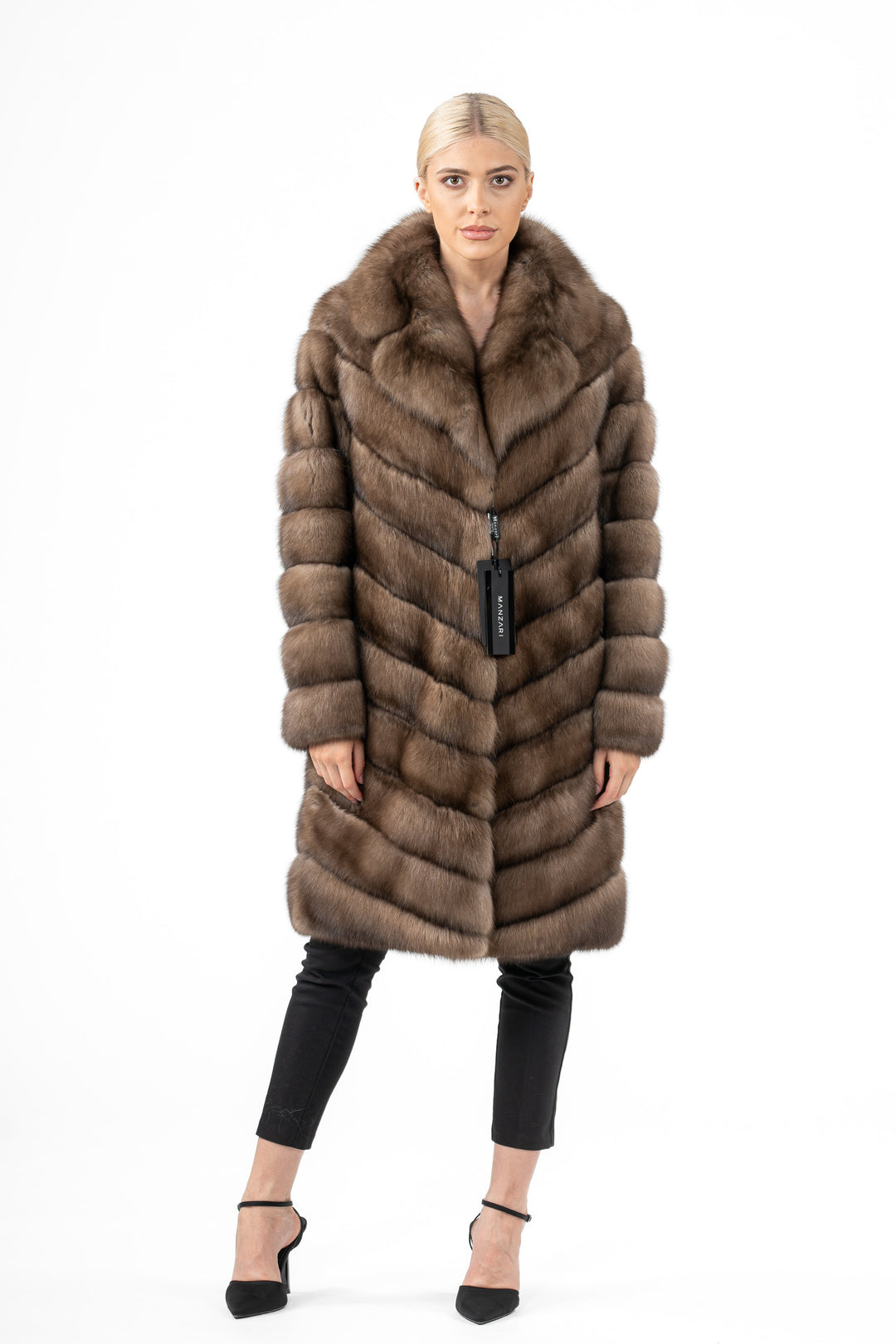 Luxurious Gun Metal Russian sable fur coat on display