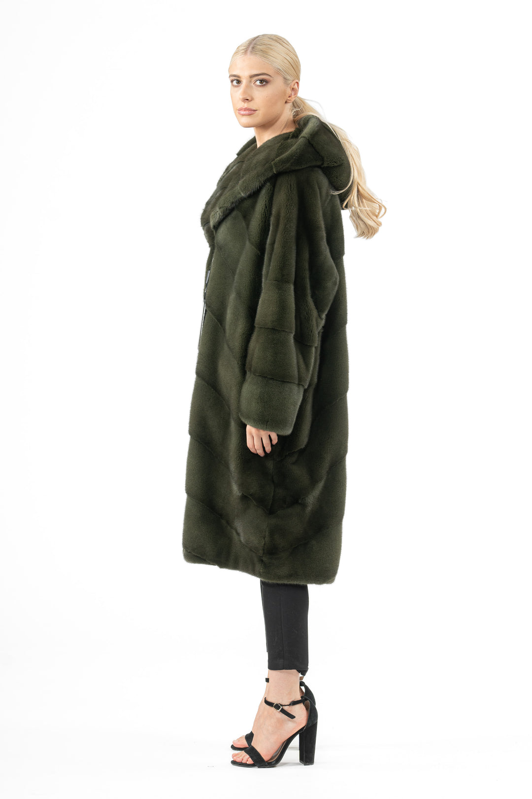 Model wearing a Dark Olive Mink fur coat
