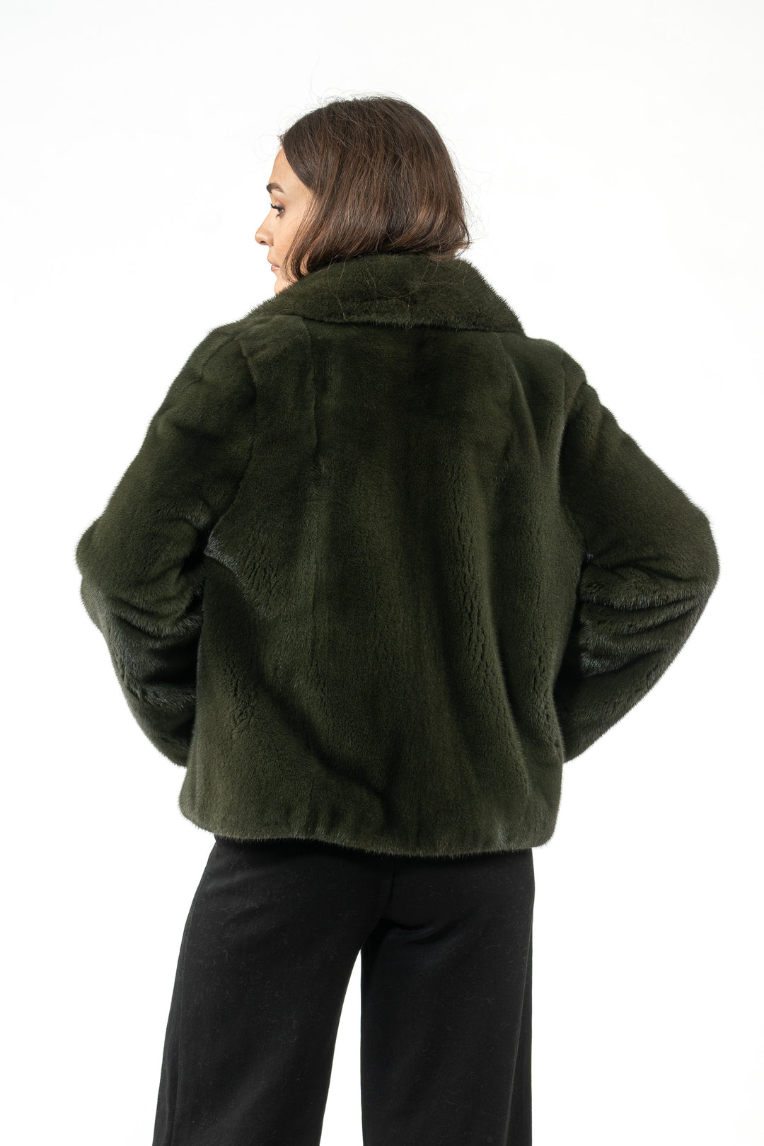 Model wearing a Dark Olive Mink fur coat