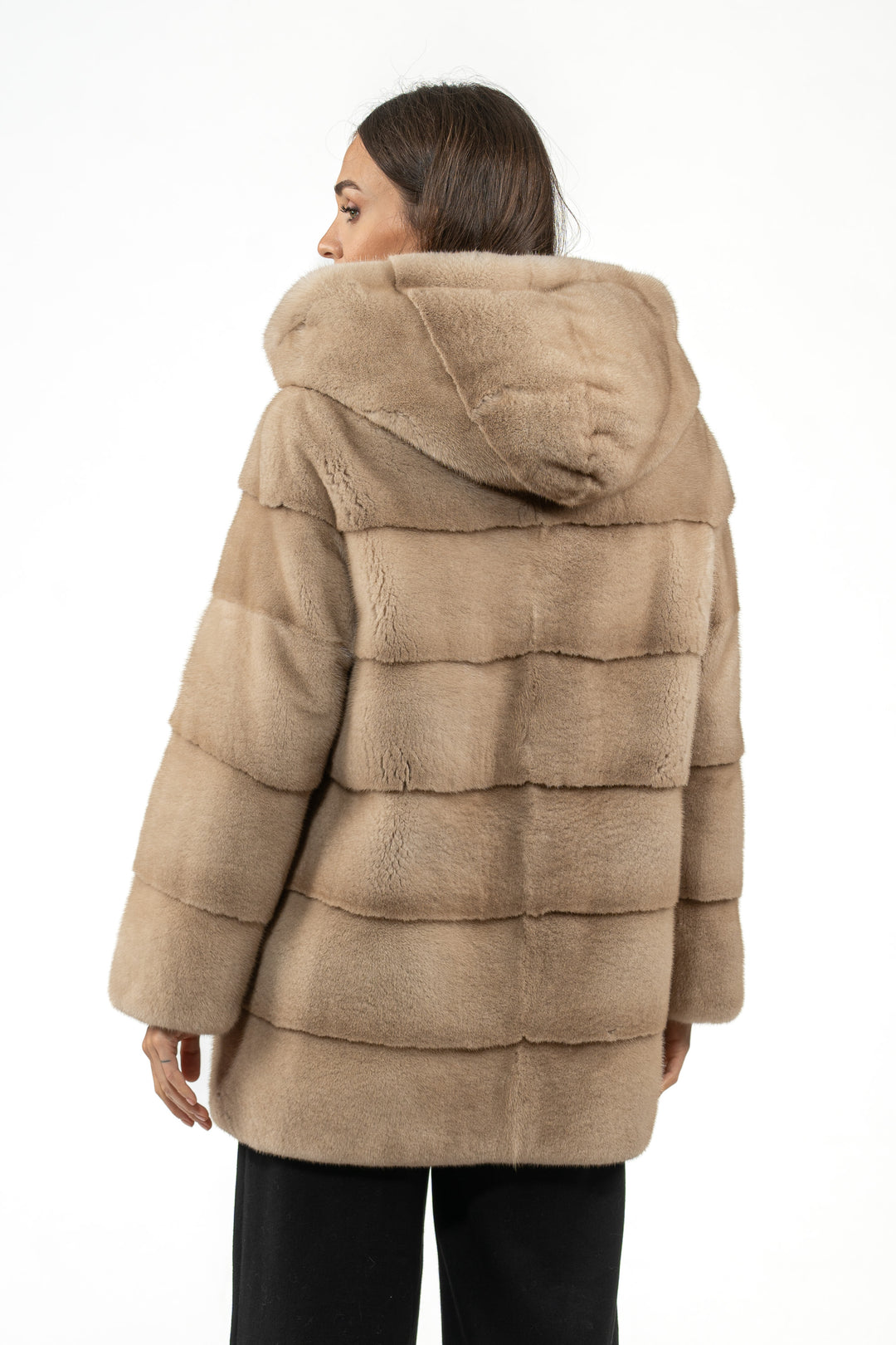 Model wearing a Palomino Mink fur coat