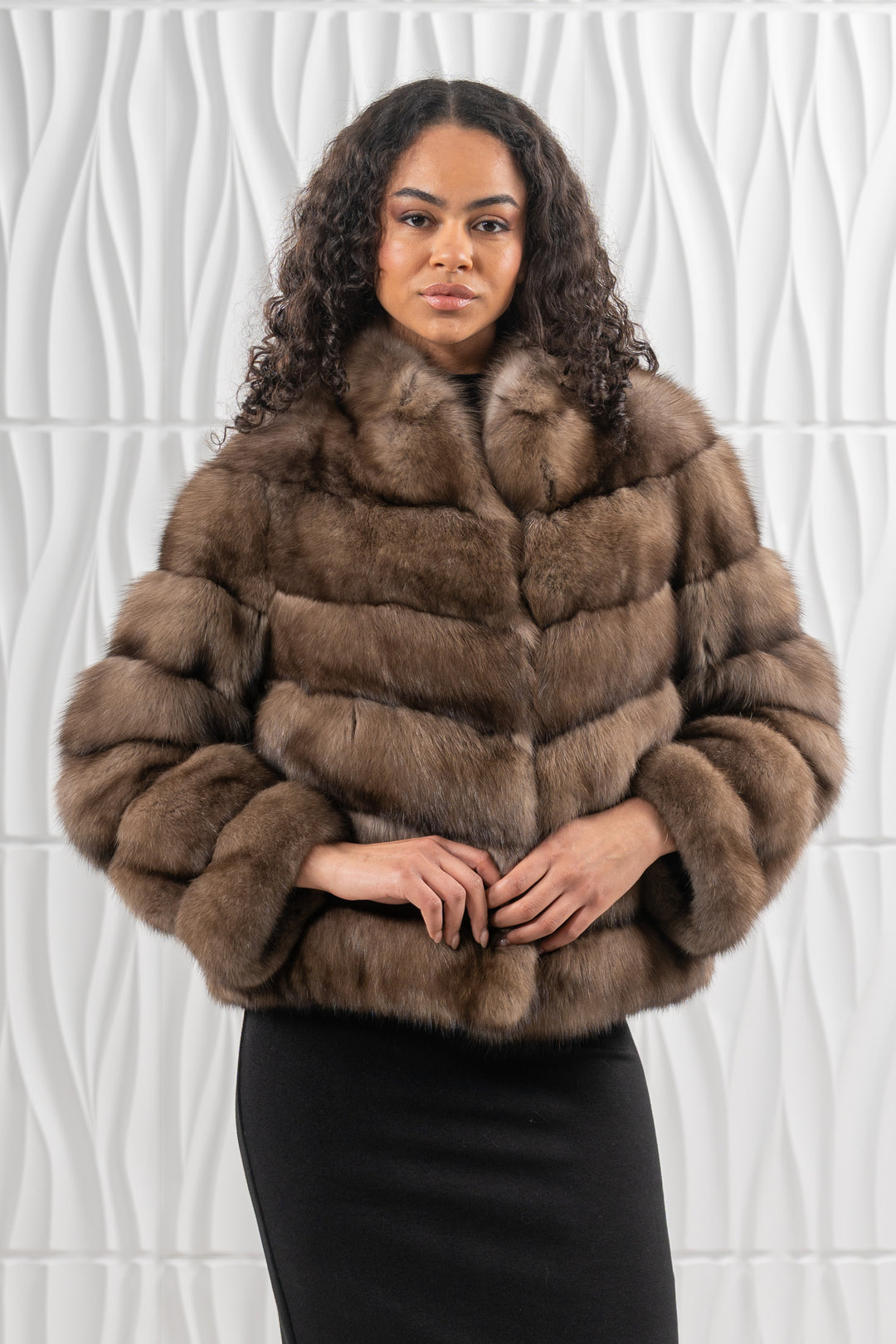 Luxurious Lavander Russian sable fur coat on display