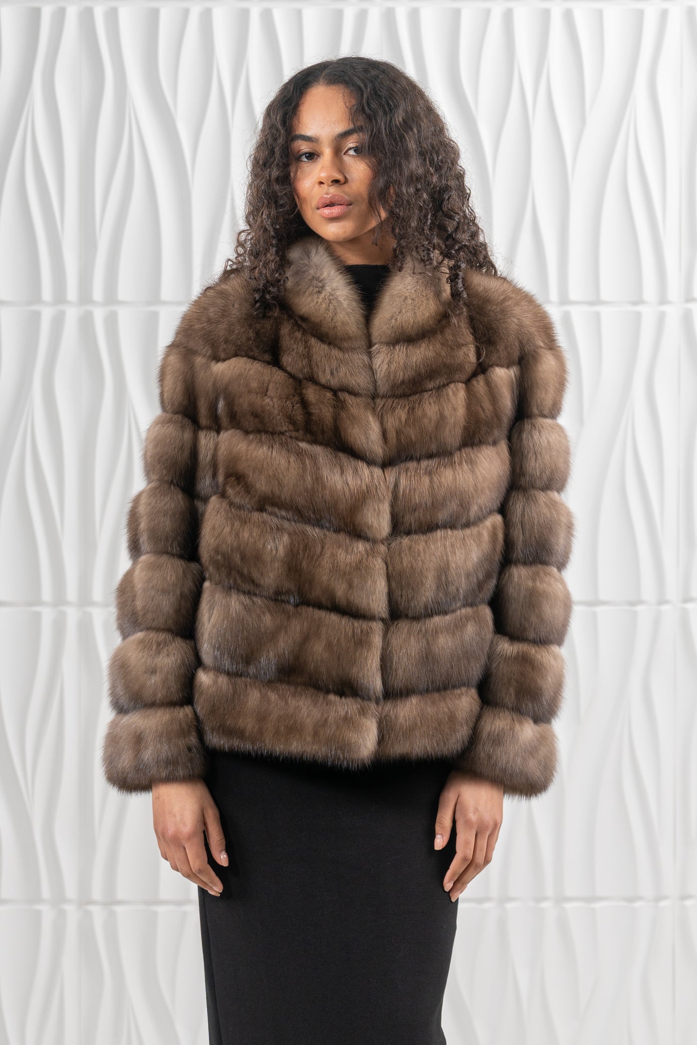 Model wearing a manzari russian sable fur coat by manzari