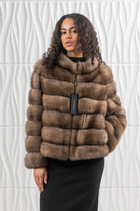 Luxurious Lavander Russian sable fur coat on display