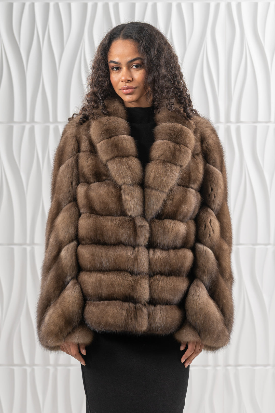 Luxurious Platinum Russian sable fur coat on display