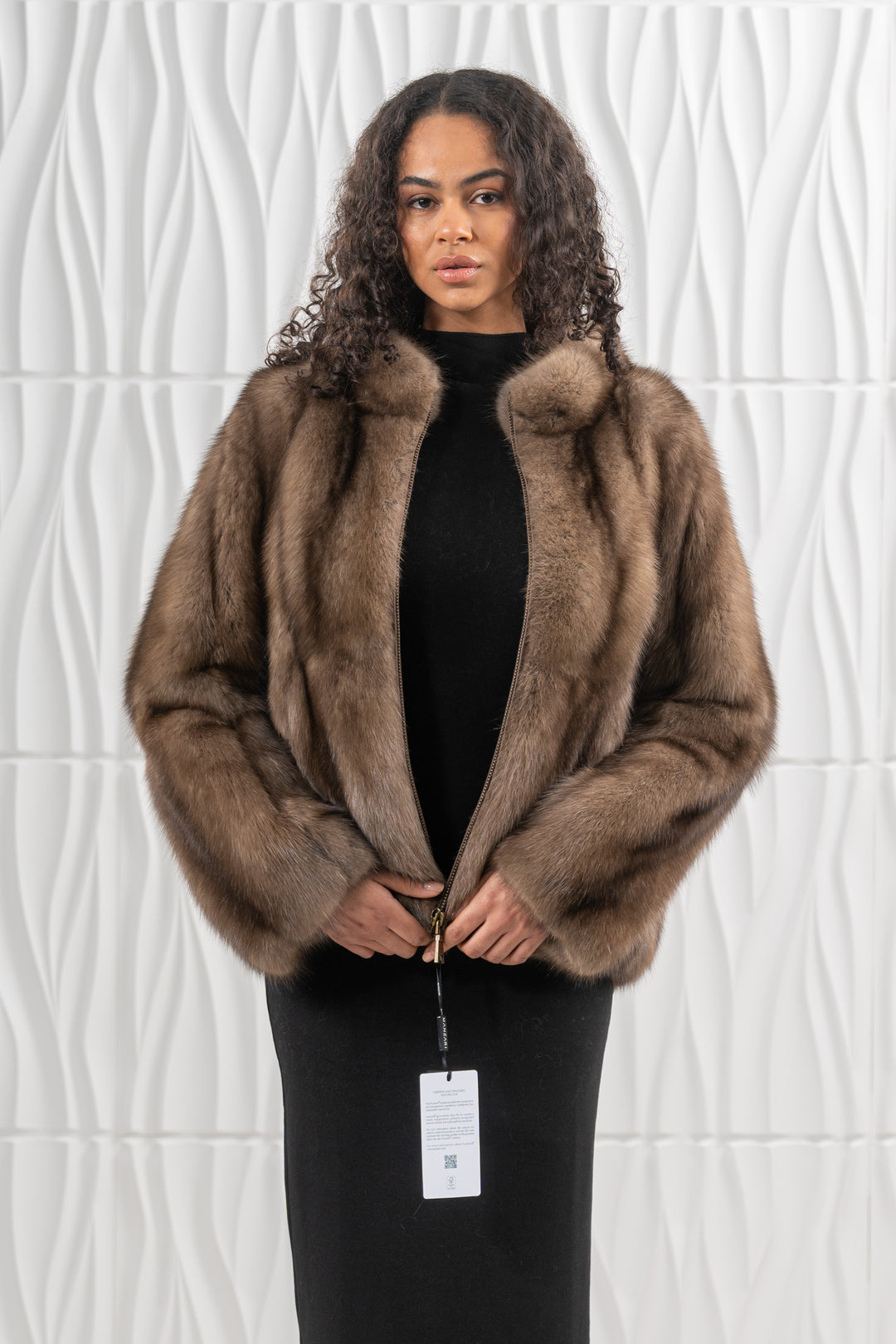 Model wearing a Lavander Russian sable fur coat by manzari