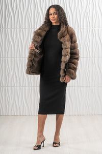 Model wearing a Lavander Russian sable fur coat by manzari