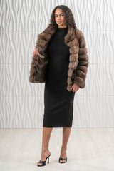 Russian sable short jacket in brown with a high collar, open front showing a branded lining, and a horizontal-panel construction.