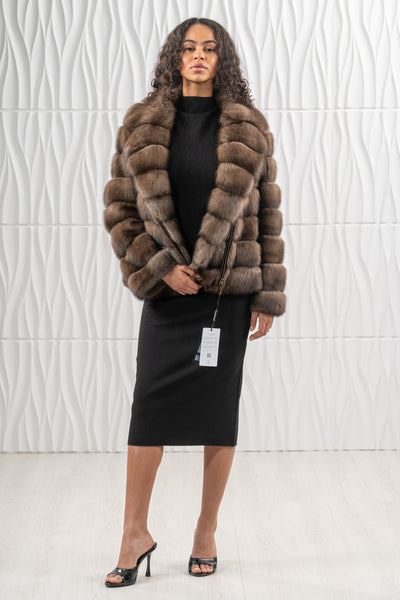 Model wearing a manzari russian sable fur coat by manzari