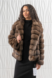 Model wearing a Platinum Russian sable fur coat by manzari