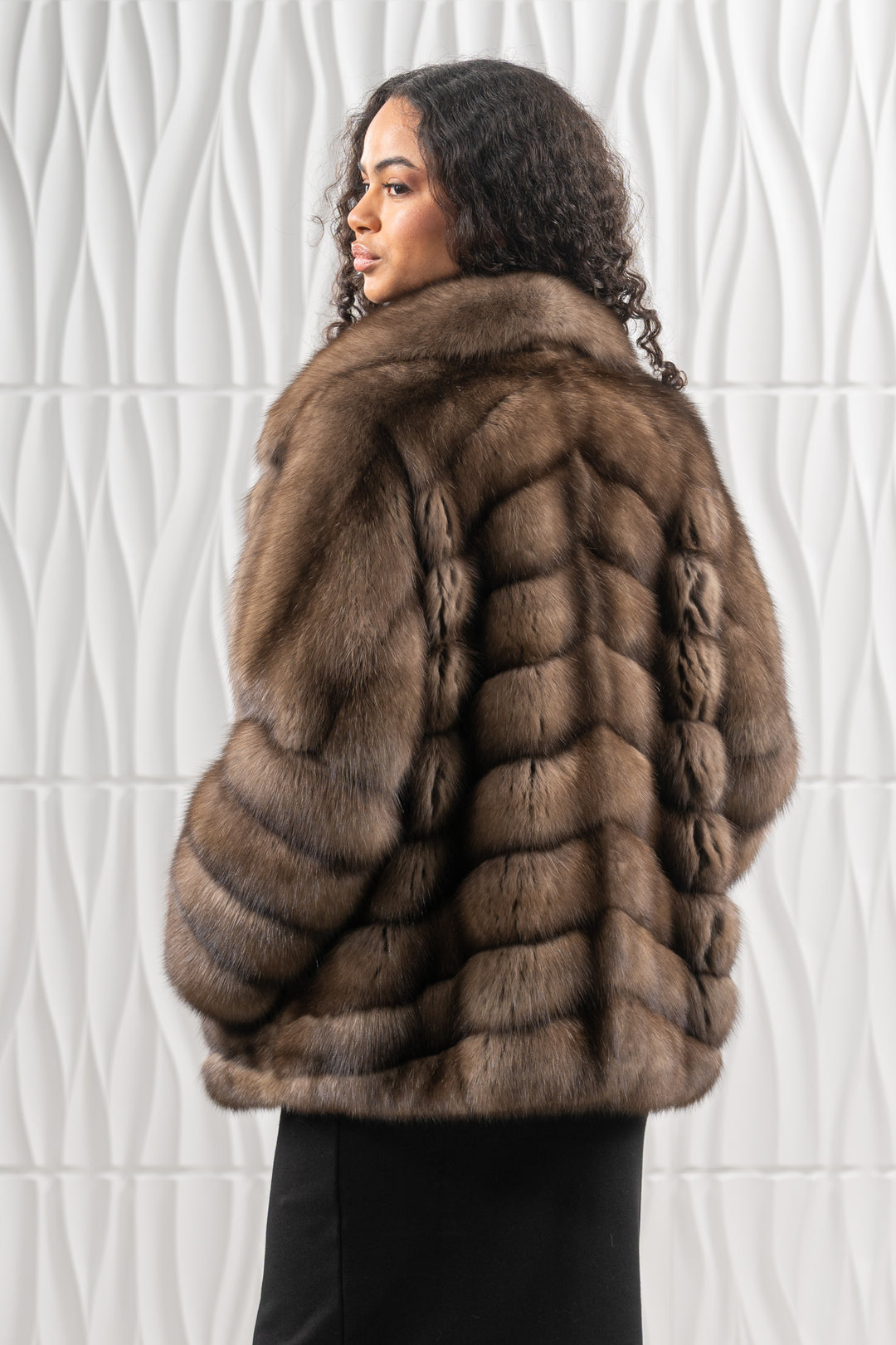 Luxurious Platinum Russian sable fur coat on display