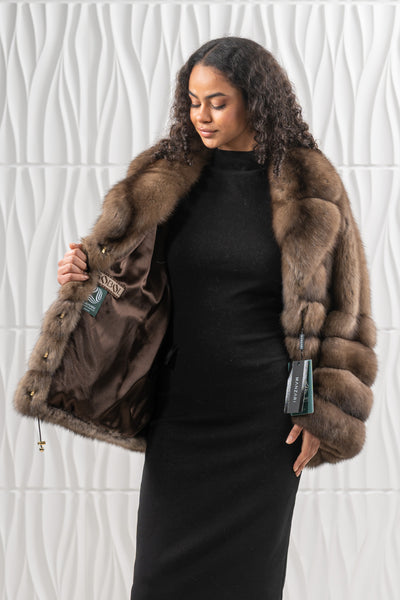 Model wearing a manzari russian sable fur coat by manzari