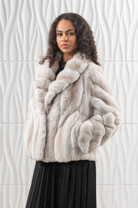 Model wearing a Ice Cream Chinchilla fur coat by manzari