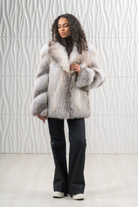 Model wearing a Fawn Light Fox fur coat by manzari
