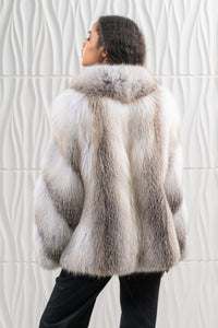 Model wearing a Fawn Light Fox fur coat by manzari