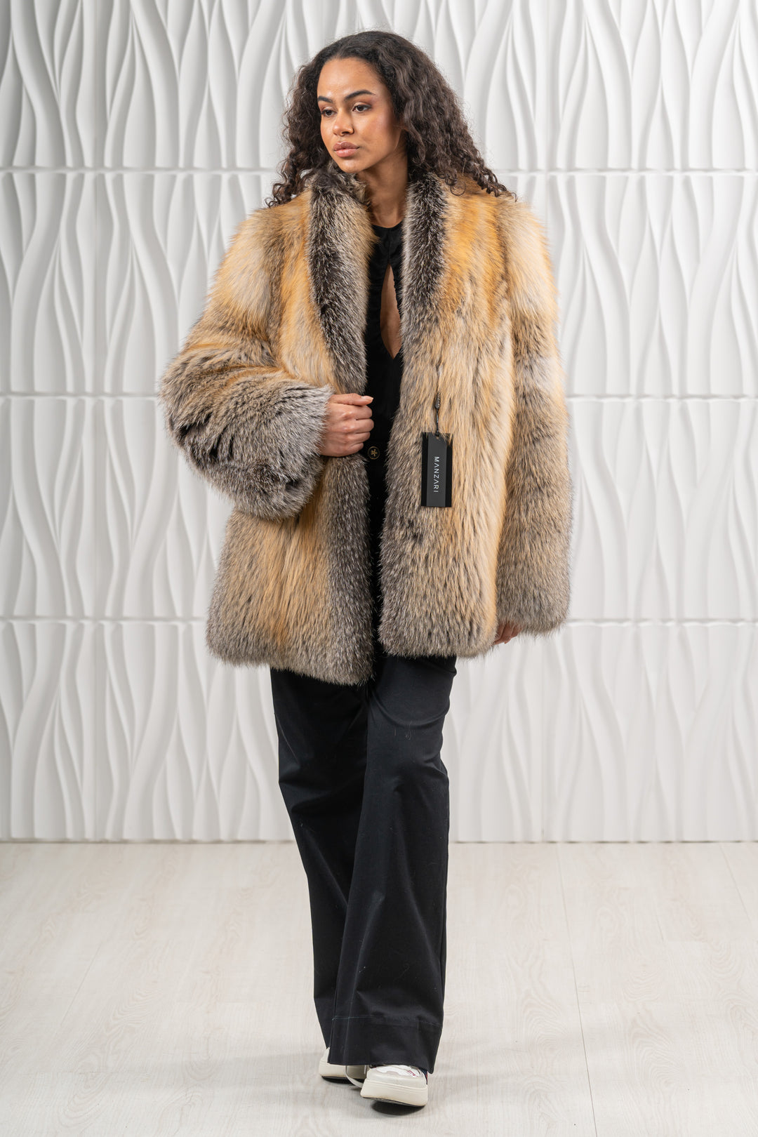 Chic Golden Island Fox fur coat by manzari for a standout look