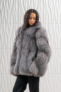 Model wearing a Blue Frost Fox fur coat by manzari