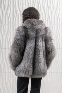 Model wearing a Blue Frost Fox fur coat by manzari